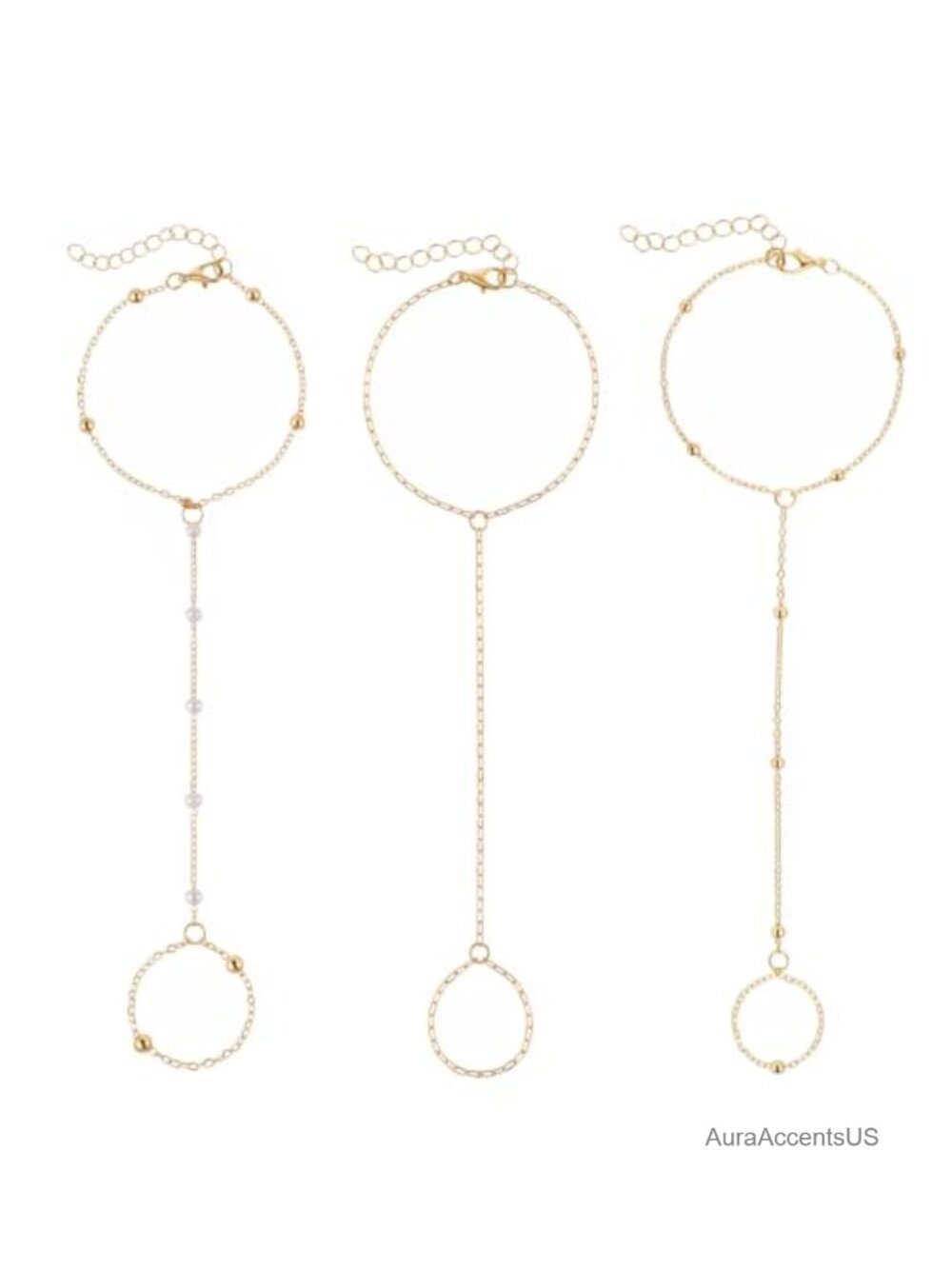 3pc Gold Bracelets for Women, CZ & Bead Chain Set, Stackable Hand Jewelry